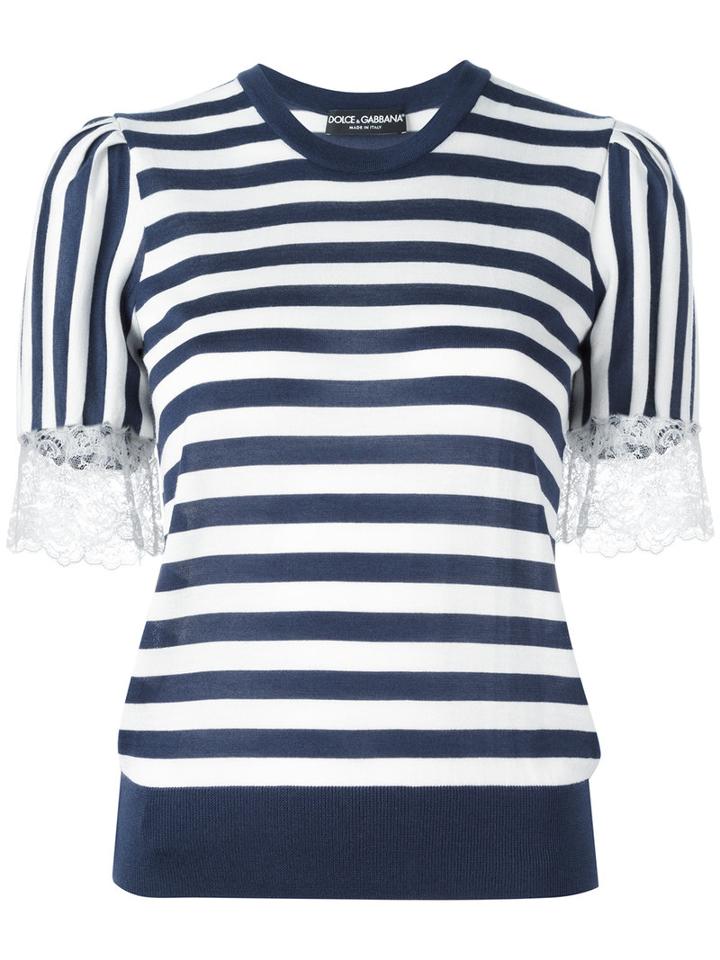 Dolce & Gabbana Striped Lace T-shirt, Women's, Size: 42, White, Cashmere/silk/cotton/polyamide