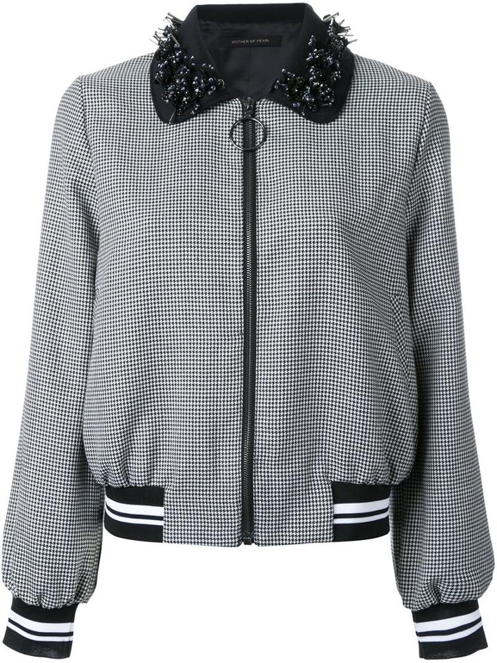 Mother Of Pearl Houndstooth Pattern Bomber Jacket, Women's, Size: Small, Black, Polyester/wool