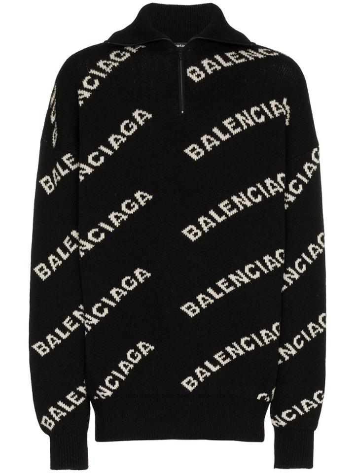 Balenciaga Logo Jacquard Camel Virgin Wool-blend Jumper - Black