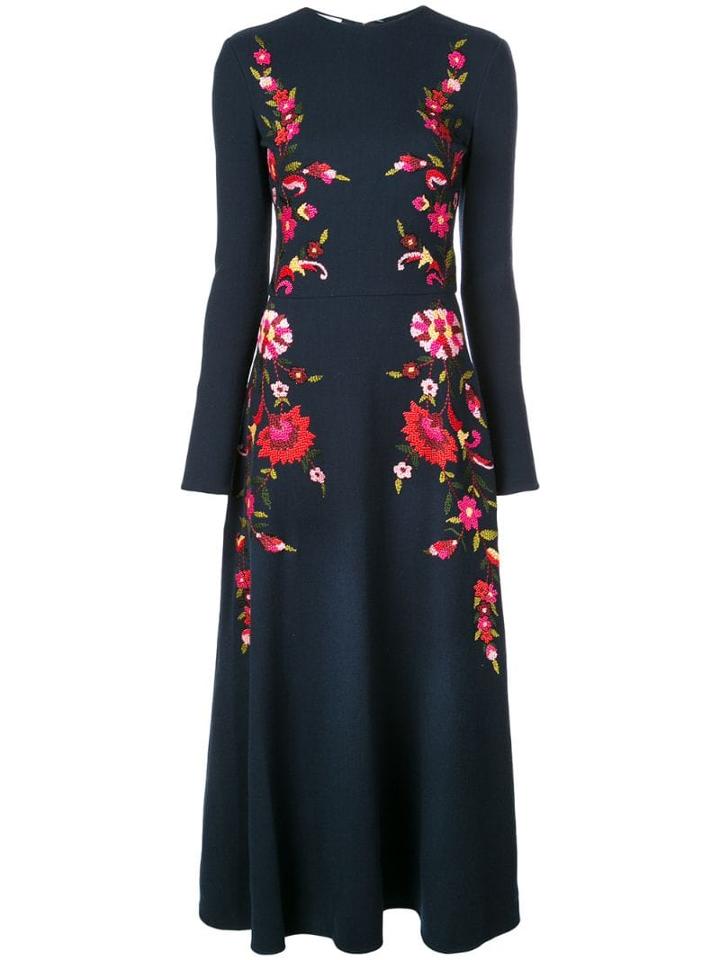 Oscar De La Renta Floral Embroidered Long Dress - Blue