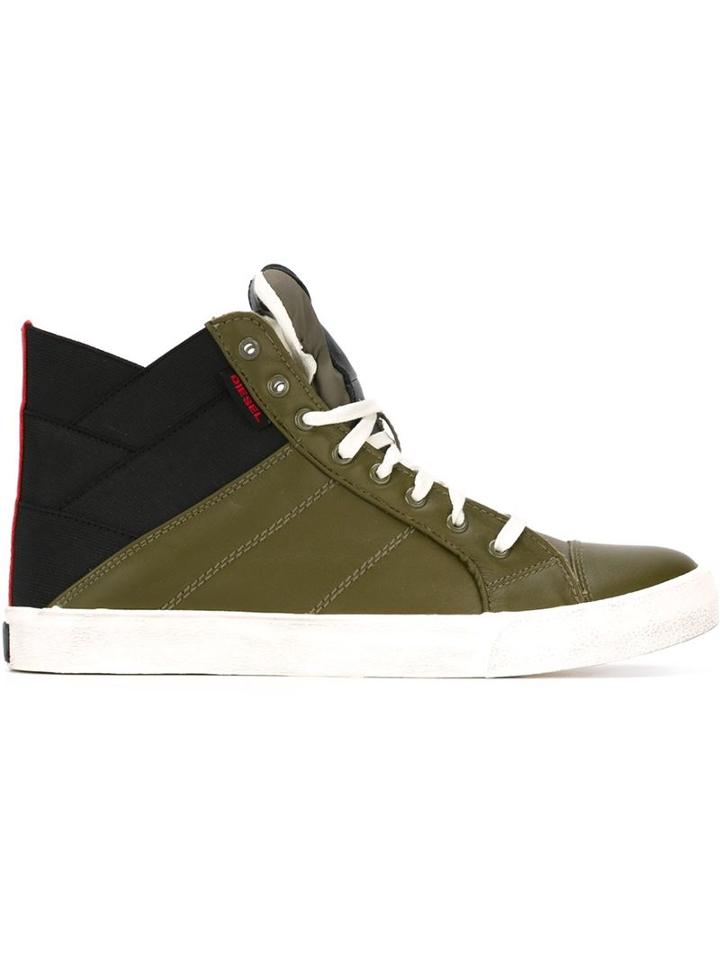Diesel Two-tone Hi-top Sneakers, Men's, Size: 44.5, Green, Leather/rubber/cotton