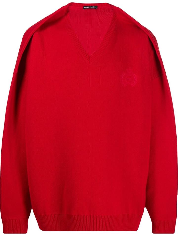 Balenciaga Pleated Sleeves V-neck Jumper - Red
