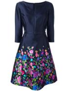 Oscar De La Renta Boat Neck Floral Dress, Women's, Size: 8, Blue, Silk/cotton