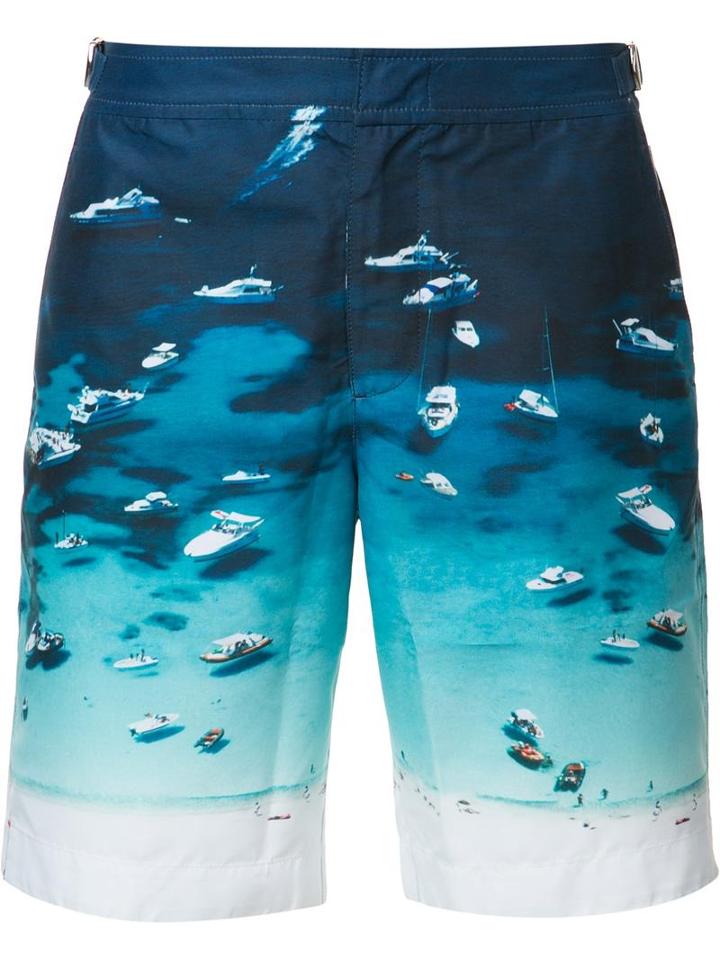 Orlebar Brown Boat Print Swim Shorts, Men's, Size: 34, Blue, Polyester