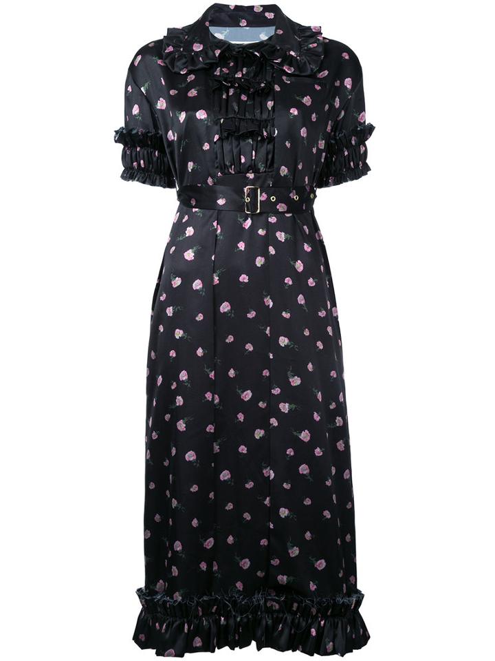Akiko Aoki - Floral Print Pleated Dress - Women - Polyester - M, Black, Polyester