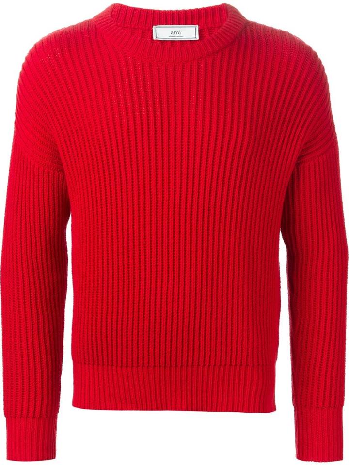 Ami Alexandre Mattiussi Ribbed Jumper, Men's, Size: Large, Red, Cotton