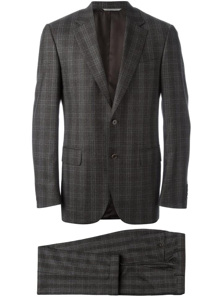 Canali Prince Of Wales Check Suit, Men's, Size: 54, Grey, Cupro/wool