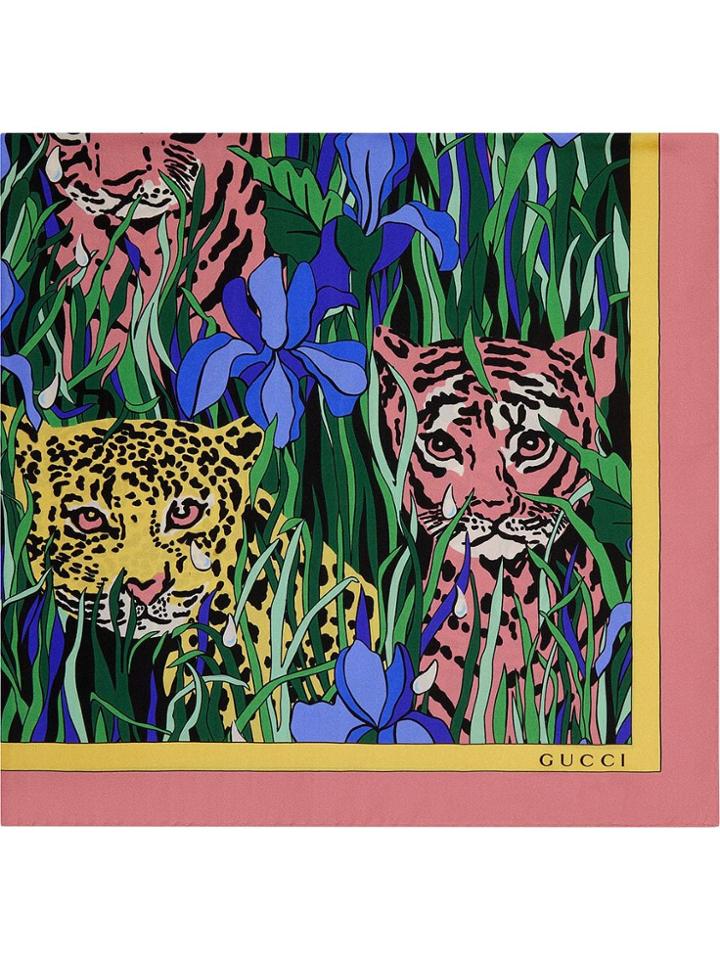 Gucci Silk Scarf With Feline Garden Print - Green
