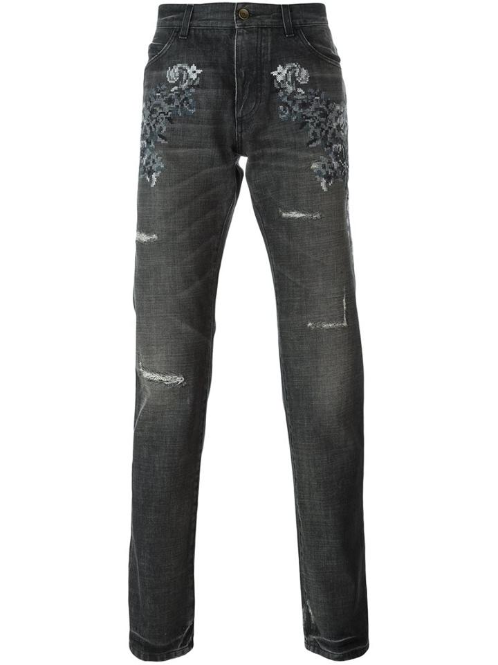 Dolce & Gabbana Embroidered Flower Jeans, Men's, Size: 50, Grey, Cotton/acrylic/wool