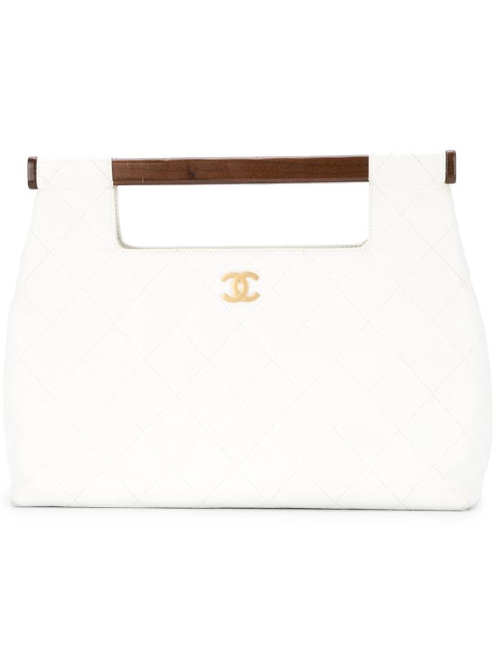 Chanel Vintage Wood Handle Tote Bag - White