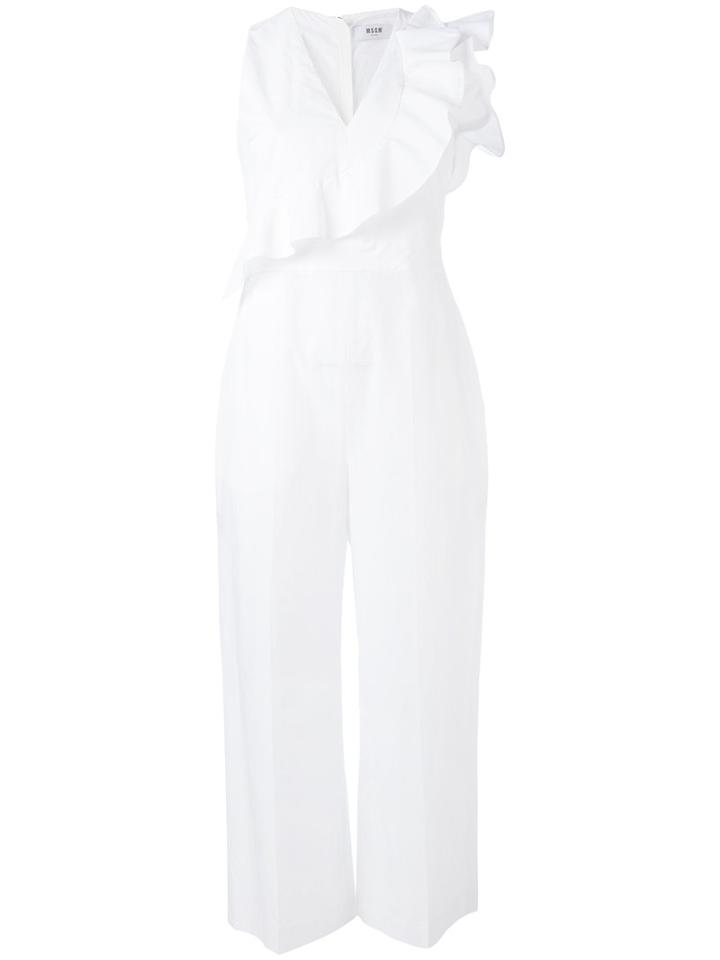 Msgm - V-neck Ruffle Jumpsuit - Women - Cotton - 44, White, Cotton