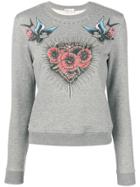 Red Valentino Rose Heart Bird Print Sweatshirt - Grey