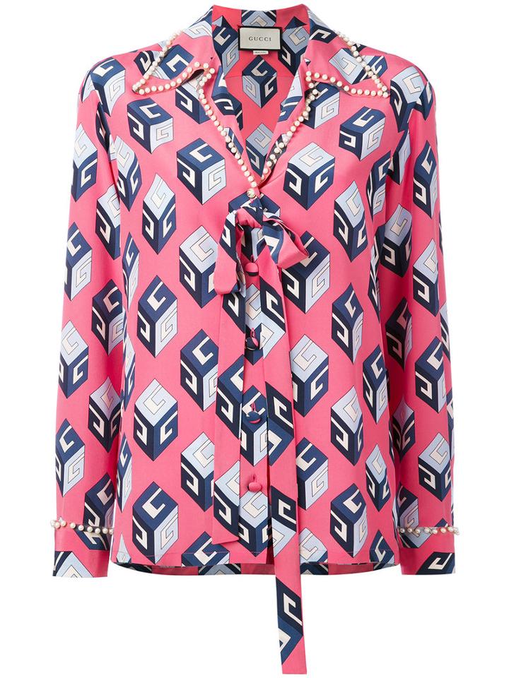 Gucci - Printed Pearl Trim Top - Women - Silk - 40, Pink/purple, Silk