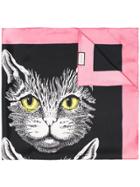 Gucci Mystic Cat Print Silk Scarf With Pink Trim - Black
