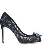 Dolce & Gabbana Embellished Lace Pumps, Women's, Size: 35.5, Blue, Cotton/glass/leather