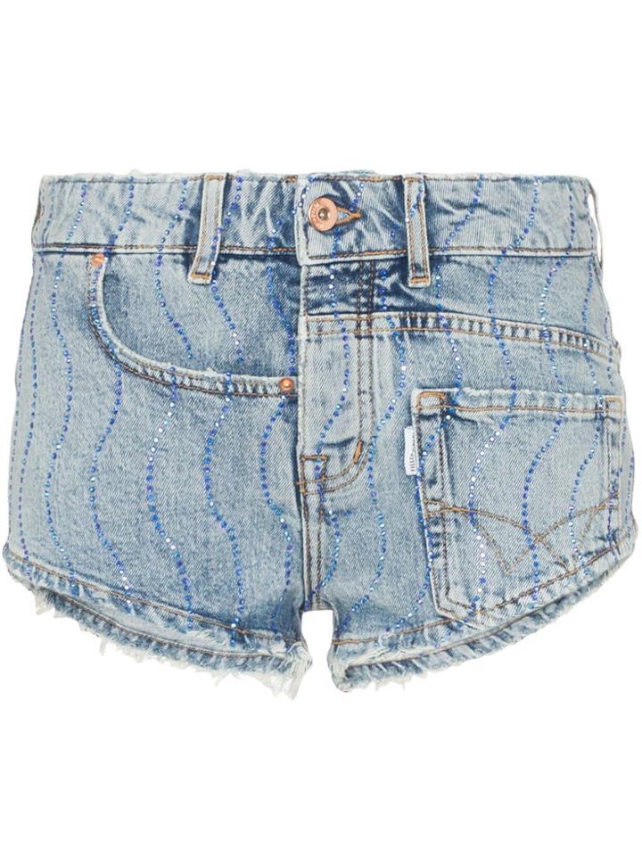 Filles A Papa Crystal Swirl Embellished Denim Shorts - Blue
