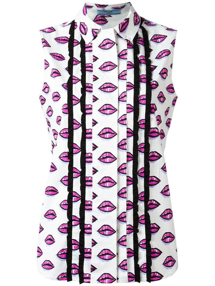 Prada Lips Print Sleeveless Shirt, Women's, Size: 38, White, Cotton/spandex/elastane