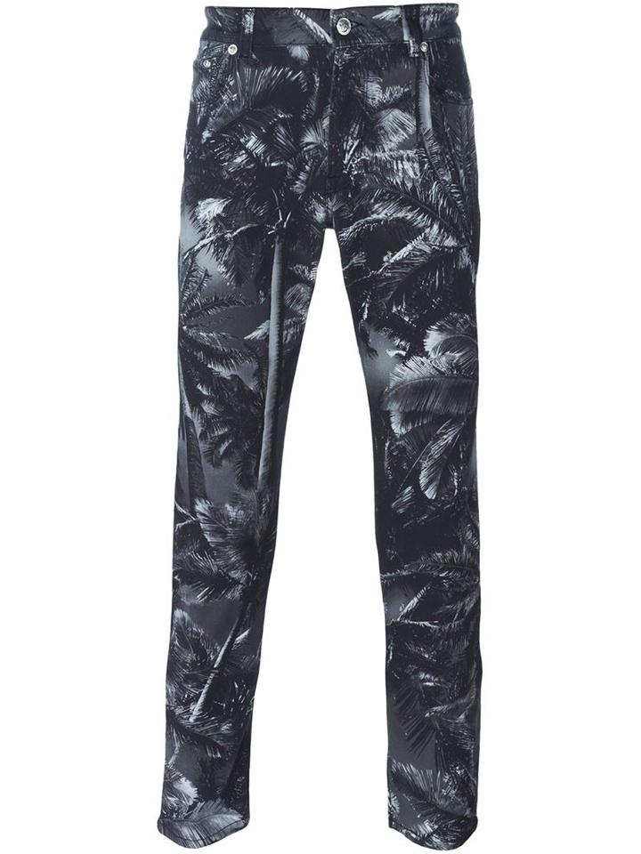 Versus Palm Tree Print Jeans, Men's, Size: 28, Black, Cotton/spandex/elastane/polyester
