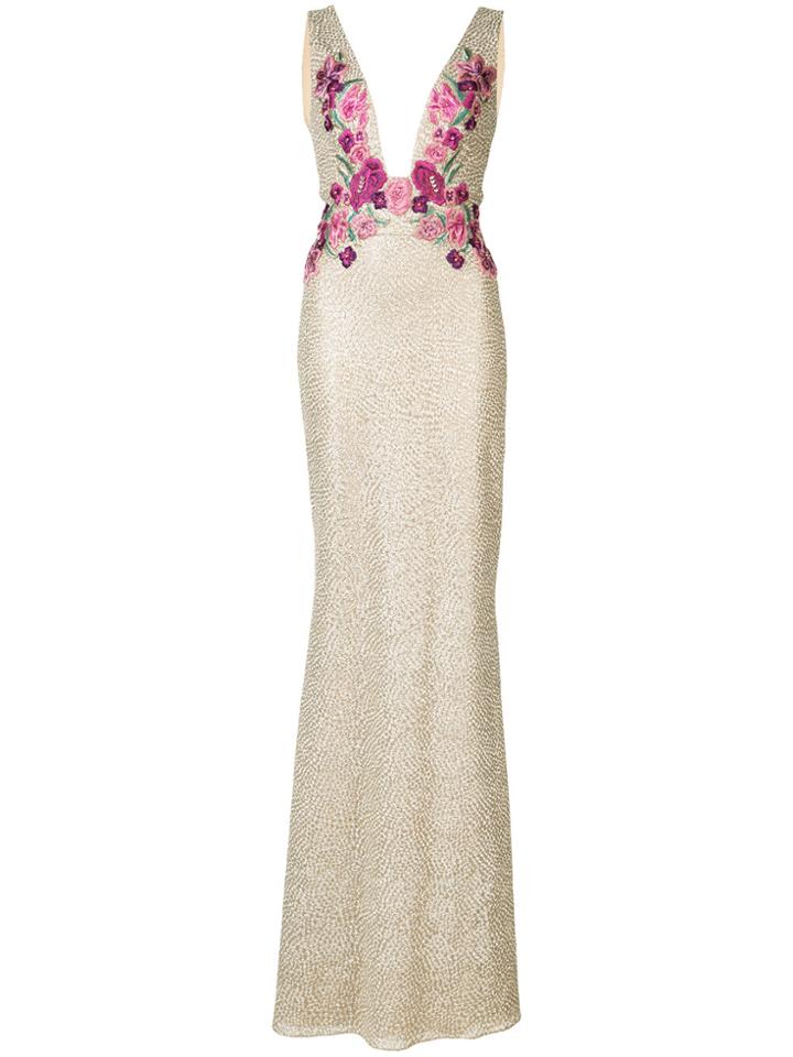 Marchesa Notte Floral Embroidered Gown - Yellow & Orange