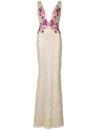 Marchesa Notte Floral Embroidered Gown - Yellow & Orange