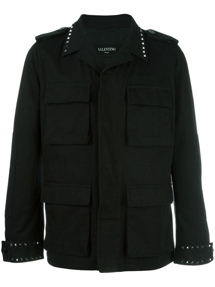 Valentino Rockstud Untitled Field Jacket, Men's, Size: 48, Black, Cotton/linen/flax/cupro