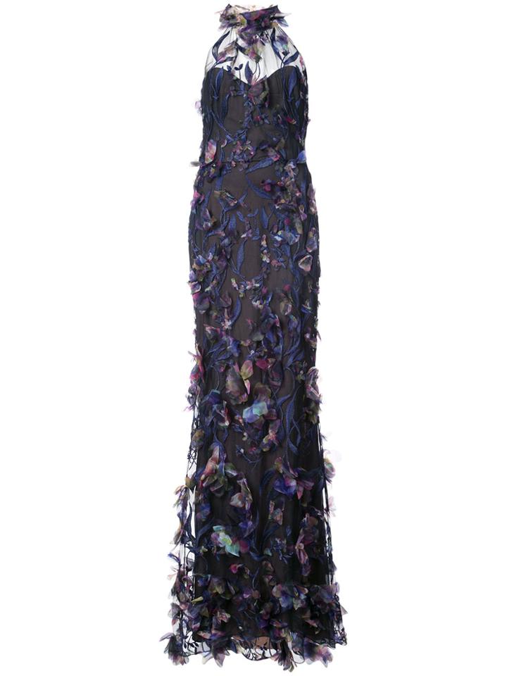Marchesa Notte Halterneck Feathered Gown - Blue