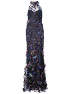Marchesa Notte Halterneck Feathered Gown - Blue