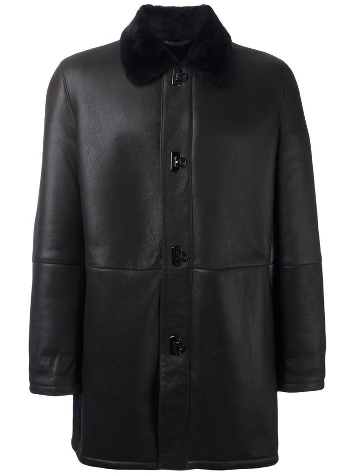 Salvatore Ferragamo Gancio Fastening Leather Coat, Men's, Size: 58, Brown, Lamb Skin/lamb Fur