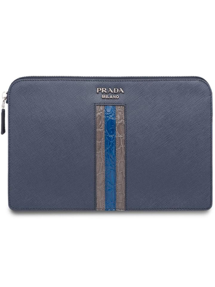 Prada Stripe Detail Logo Plaque Clutch - Blue