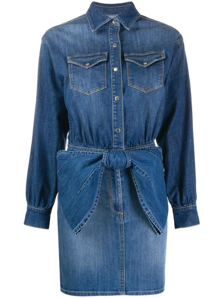 Elisabetta Franchi Bow Detail Denim Shirt Dress - Blue