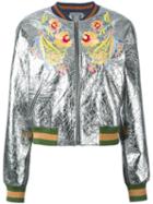 Aviù Flower Appliqué Bomber Jacket, Women's, Size: Small, Grey, Leather/polyester/wool/mohair