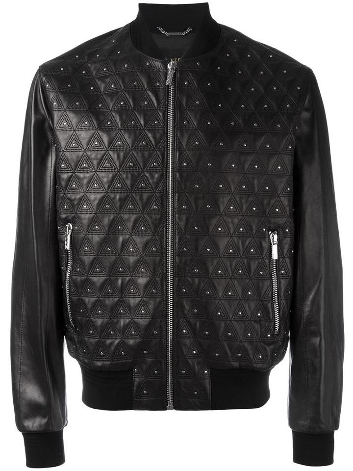 Versace Studded Embroidered Triangle Jacket, Men's, Size: 50, Black, Lamb Skin/viscose/cupro/spandex/elastane
