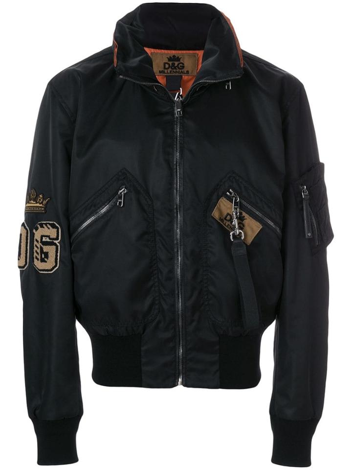 Dolce & Gabbana Funnel Collar Bomber Jacket With Patches - Black