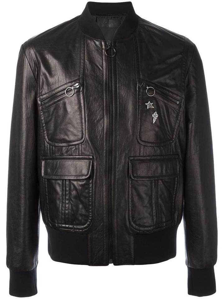 Neil Barrett Pins Leather Bomber Jacket, Men's, Size: Small, Black, Cupro/lamb Skin/polyamide/spandex/elastane