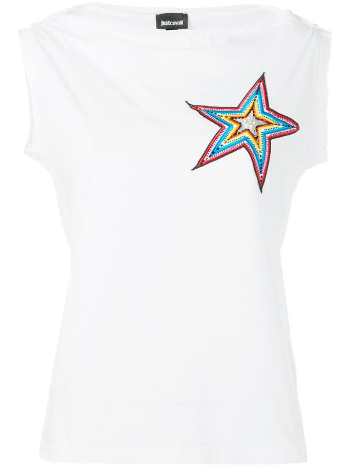 Just Cavalli Star Embroidered Patch Top, Women's, Size: Small, White, Cotton/crystal/acrylic