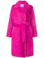 Stand Faux Fur Double-breasted Coat - Pink & Purple