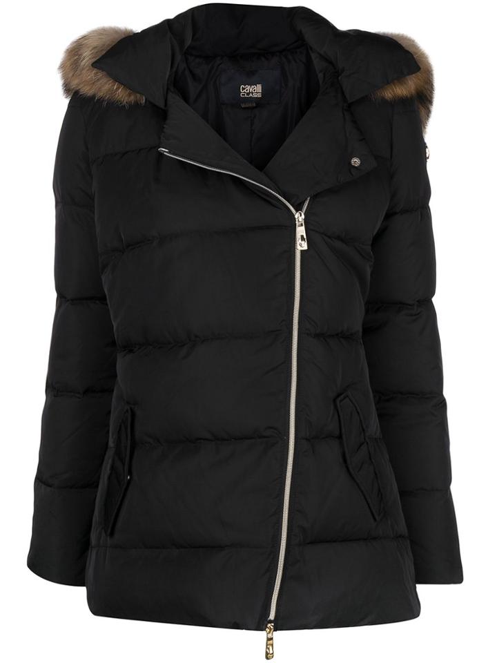 Cavalli Class Fur Trim Padded Coat - Black