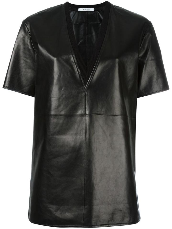 Givenchy V-neck Leather T-shirt, Women's, Size: 38, Black, Lamb Skin/cotton/polyamide/spandex/elastane