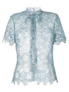 Self-portrait - High Neck Lace Blouse - Women - Polyester - 8, Blue, Polyester