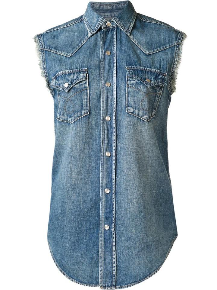 Saint Laurent Sleeveless Denim Shirt, Women's, Size: Large, Blue, Cotton/linen/flax