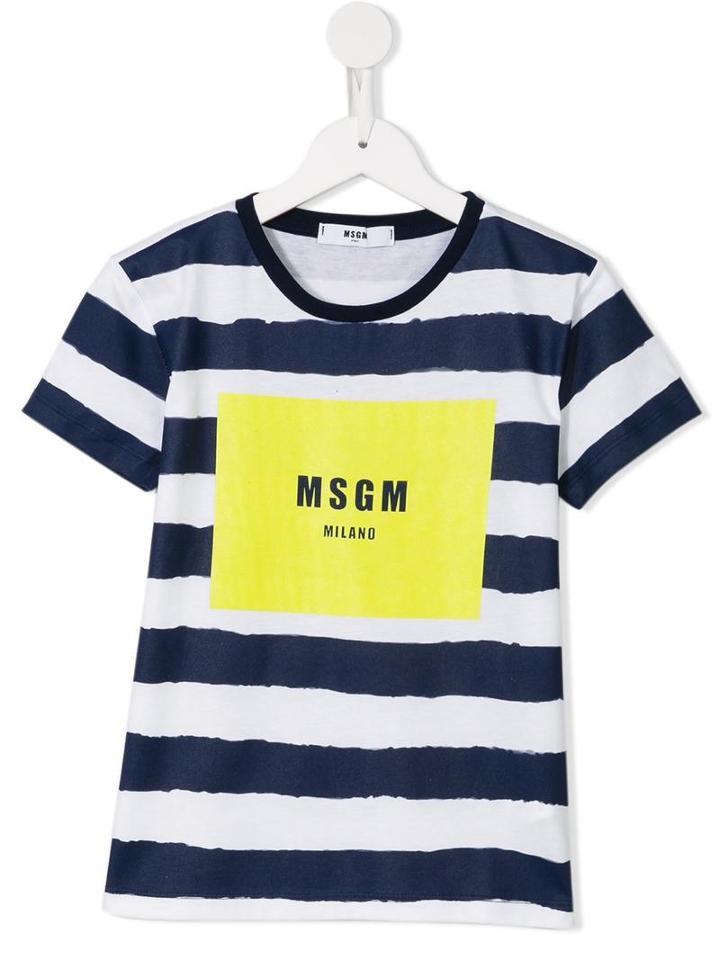 Msgm Kids Logo Print Striped T-shirt, Boy's, Size: 10 Yrs, Blue