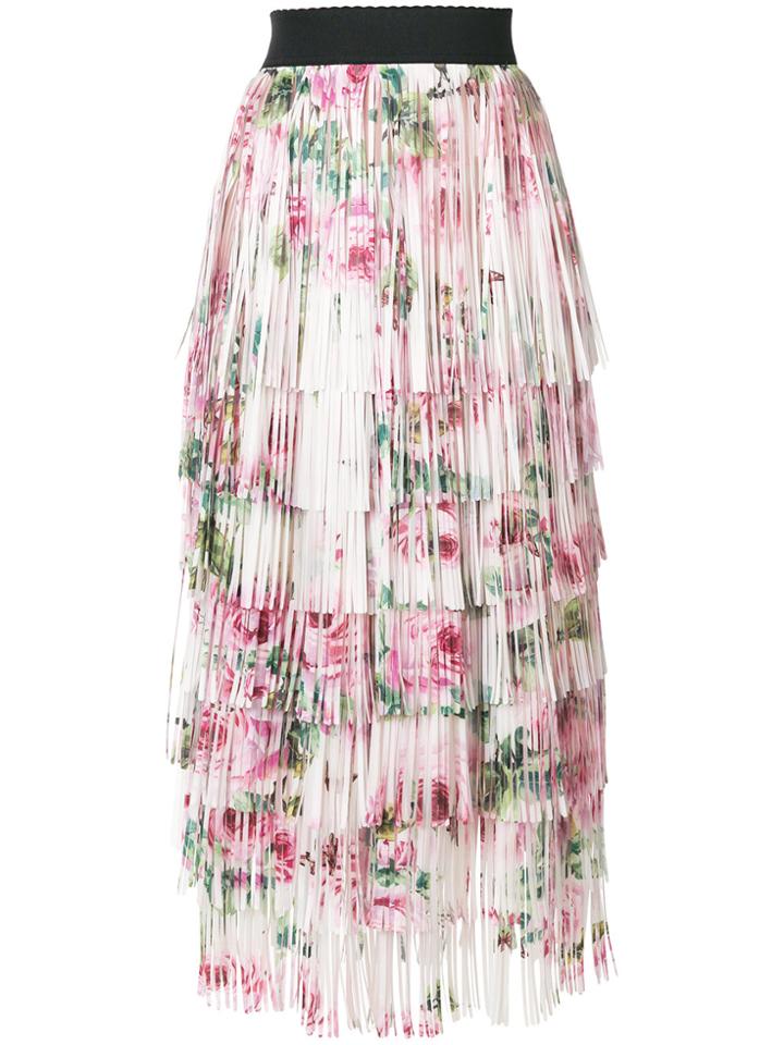Dolce & Gabbana Tiered Fringed Rose Print Midi Skirt - Nude & Neutrals