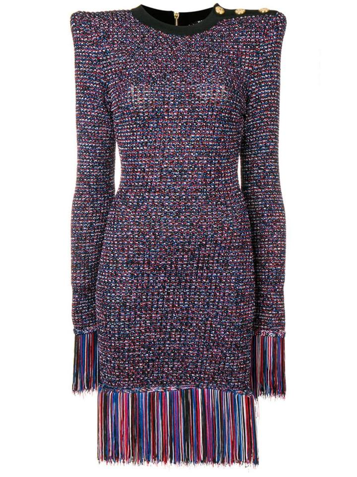 Balmain Structured Tweed Fringed Dress - Black
