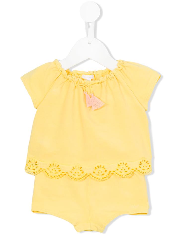 Chloé Kids - Scallop Trim Playsuit - Kids - Cotton/spandex/elastane - 36 Mth, Yellow/orange