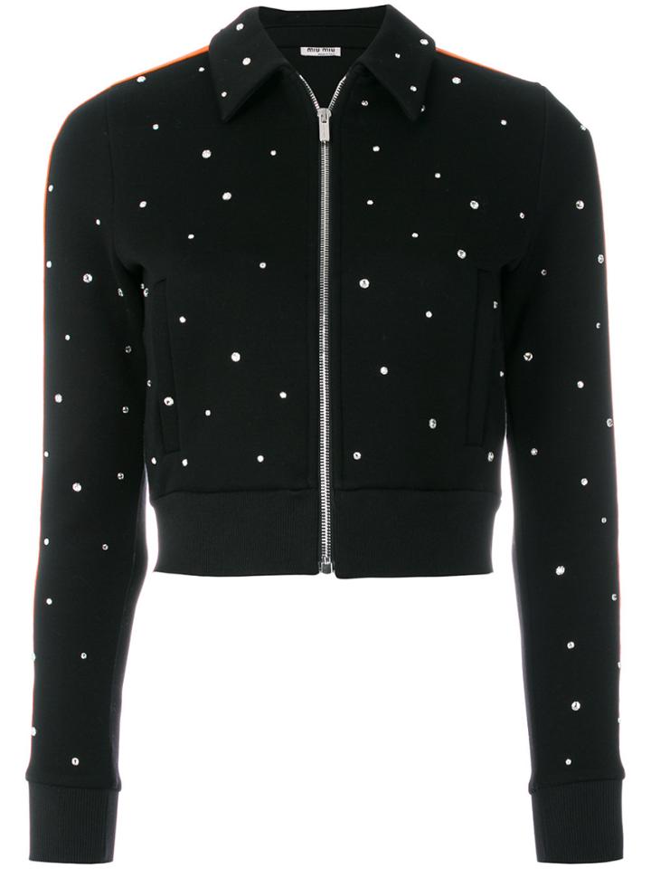 Miu Miu Embellished Cropped Zipped Sweatshirt - Black