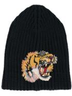Gucci Tiger Patch Beanie Hat, Men's, Blue, Wool/polyester