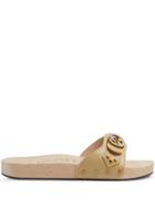 Gucci Leather Slide Sandal With Interlocking G - Neutrals