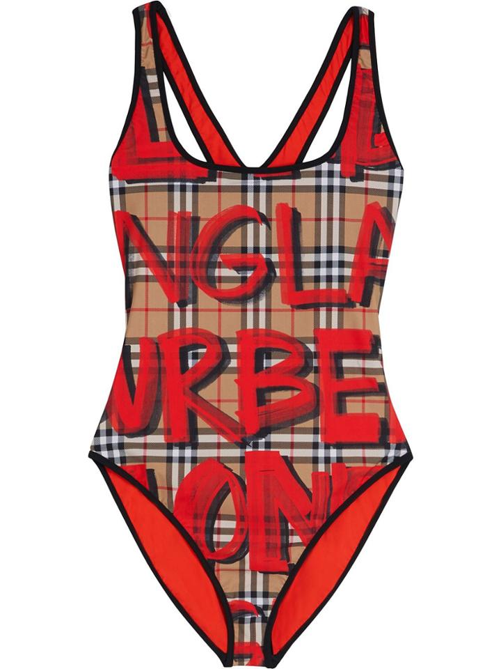 Burberry Graffiti Print Vintage Check Swimsuit - Neutrals