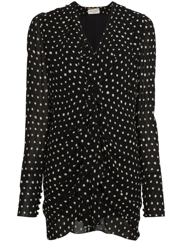 Saint Laurent Silk Ruffle Polka Dot Mini-dress - Black