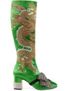 Gucci Green Satin Dragon 75 Knee Boots